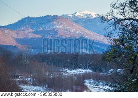 Beautiful Mountain Landscape With Forest At Caucasus Mountains.