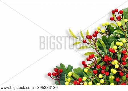 Autumn Oak And Rowan Branches With Red Berries On  White Isolated Background.
Flat Lay, Top View, Co