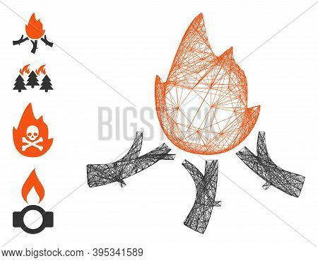 Vector Wire Frame Wood Campfire. Geometric Wire Carcass Flat Net Generated With Wood Campfire Icon, 
