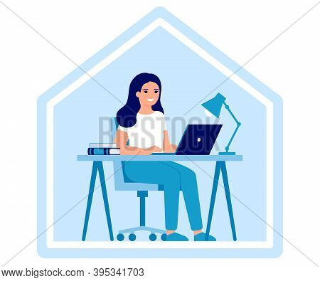 Young Woman Works On Laptop At Home. Online Education, Distance Learning Or Working At Home Concept.