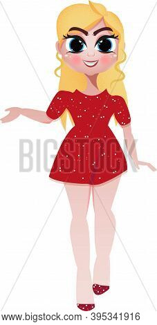 Cute Blonde Doll In Red Dress. Icon, Person