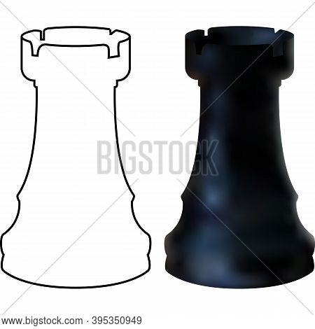 Black Wooden Chess Figure Rook Isolated On White Background. Chess Piece Rook. Realistic Vector Illu