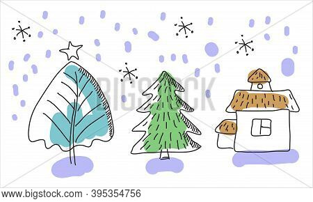 Doodle, Hand Drawn Christmas And New Year With A Christmas Tree, Christmas Eve, House, Snowflake. Mo