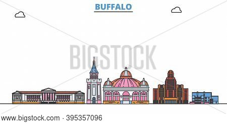 United States, Buffalo Line Cityscape, Flat Vector. Travel City Landmark, Oultine Illustration, Line