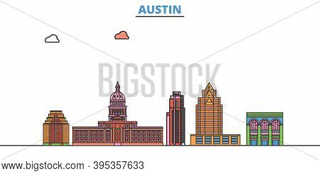 United States, Austin Line Cityscape, Flat Vector. Travel City Landmark, Oultine Illustration, Line 