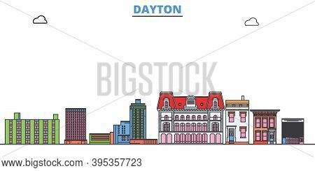 United States, Dayton Line Cityscape, Flat Vector. Travel City Landmark, Oultine Illustration, Line 