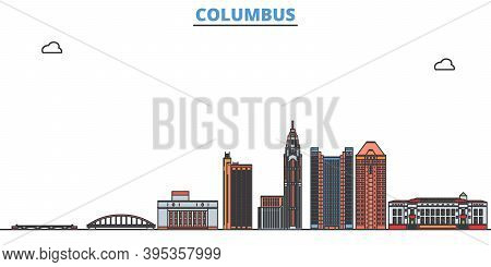 United States, Columbus Line Cityscape, Flat Vector. Travel City Landmark, Oultine Illustration, Lin