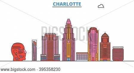 United States, Charlotte Line Cityscape, Flat Vector. Travel City Landmark, Oultine Illustration, Li