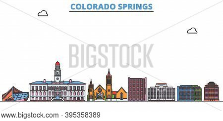 United States, Colorado Springs Line Cityscape, Flat Vector. Travel City Landmark, Oultine Illustrat