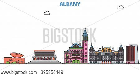 United States, Albany Line Cityscape, Flat Vector. Travel City Landmark, Oultine Illustration, Line 