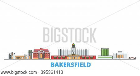 United States, Bakersfield Line Cityscape, Flat Vector. Travel City Landmark, Oultine Illustration, 