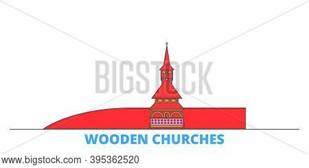 Romania, Maramures, Wooden Churches Line Cityscape, Flat Vector. Travel City Landmark, Oultine Illus