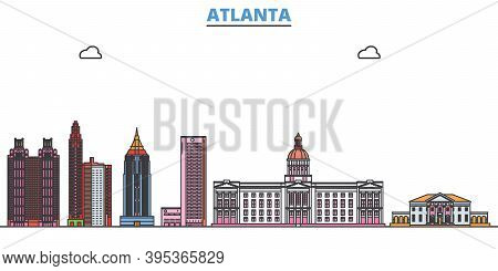 United States, Atlanta Line Cityscape, Flat Vector. Travel City Landmark, Oultine Illustration, Line