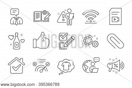 Correct Answer, Wifi And T-shirt Line Icons Set. Checkbox, Engineering Documentation And Sale Megaph