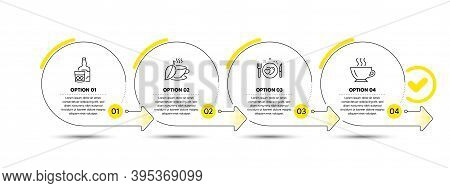 Whiskey Glass, Mint Tea And Romantic Dinner Line Icons Set. Timeline Process Infograph. Coffee Sign.