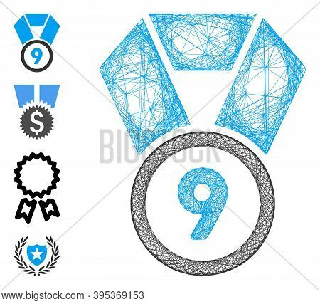 Vector Wire Frame 9th Place Medal. Geometric Wire Carcass 2d Net Made From 9th Place Medal Icon, Des