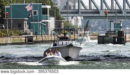 Hampton Bays, New York Usa - 6 June 2020: Small And Medium Sized Boats Entering The Shinnecock Canal