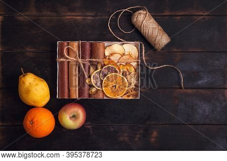 Packaging Boxes With Sweet Fruit Snacks - Pastilles, Dried Fruit And Fresh Fruit - Pear, Apple, Oran