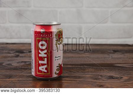 A Vintage Aluminium Can Of Alko Beer Against The Brick Wall
