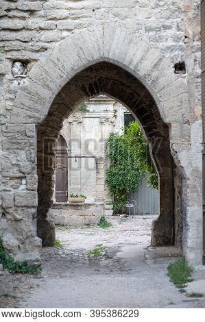 Old Buildings And Narrow Streets In Medieval Town Villeneuve Les Avignon In Summer, Tourism In Franc