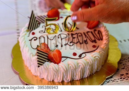 Traditional White Italian Birthday Cake With Congratilations, Buon Compleanno Means Happy Birthday C