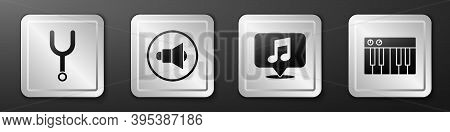 Set Musical Tuning Fork, Speaker Volume, Musical Note In Speech Bubble And Music Synthesizer Icon. S