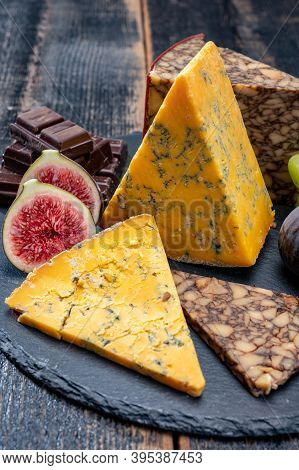 British And Irish Cheeses, Tasting Plate With Blue Shropshire, Brown Porter Cheese And Smoked Chedda