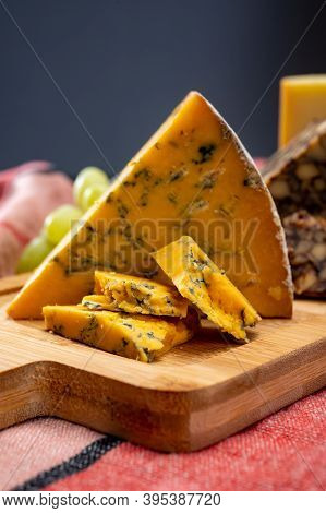 British And Irish Cheeses, Tasting Plate With Blue Shropshire, Brown Porter Cheese And Smoked Chedda