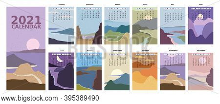 2021 Calendar Minimalistic Window View Landscape Natural Backgrounds Of Four Seasons. Winter Wonderl