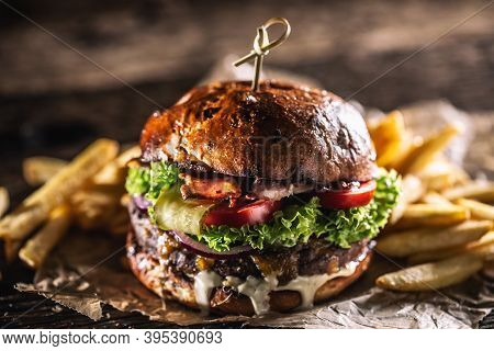 Classic Beef Burger With Cheese Cheddar Bacon Wegetable And French Fries