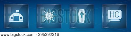 Set Military Barracks, Naval Mine, Coffin With Cross And Headquarters. Square Glass Panels. Vector