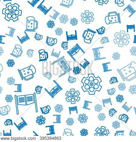 Set Line Saloon Door, Revolver Cylinder And Wooden Beer Mug On Seamless Pattern. Vector