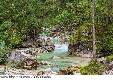 River Ramsauer Ache In The Berchtesgaden Alps, Germany.