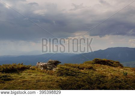 Green Valley Nature Landscape. Mountain Layers Landscape.dramatic Sky In Mountain Landscape. Meadows