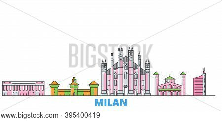 Italy, Milan City Line Cityscape, Flat Vector. Travel City Landmark, Oultine Illustration, Line Worl