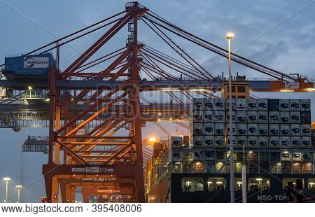 Hamburg, Germany - January 21, 2022: Container Terminal Eurogate At Burchardkai In Hamburg, Loading 