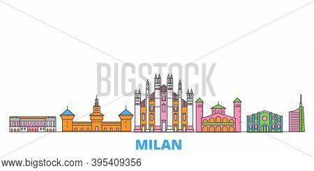 Italy, Milan Line Cityscape, Flat Vector. Travel City Landmark, Oultine Illustration, Line World Ico