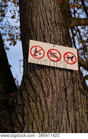 Prohibitory Signs Near The Lake.prohibitory Signs Near The Lake