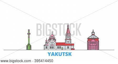 Russia, Yakutsk Line Cityscape, Flat Vector. Travel City Landmark, Oultine Illustration, Line World 