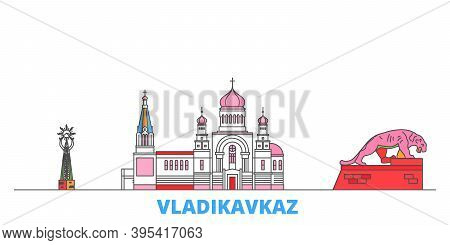 Russia, Vladikavkaz Line Cityscape, Flat Vector. Travel City Landmark, Oultine Illustration, Line Wo