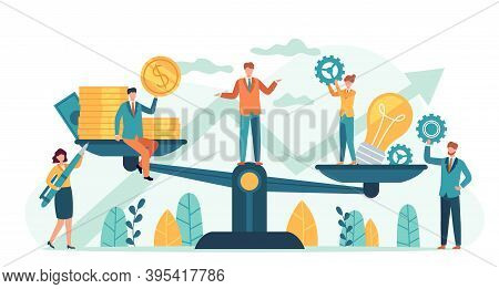 Money And Idea Balance. Investor Compare Business Ideas And Finance On Scales. Buying Creative Proje