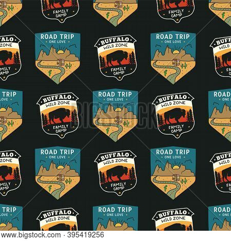 Wild Life Badges Pattern. Camping Adventure Seamless Background With Mountains, Bison Buggalo And Rv