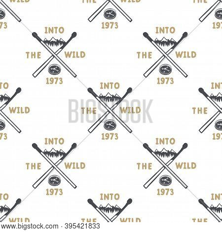 Forest Camping Pattern. Adventure Label, Badge With Quote - Into The Wild. Stock Vector Seamless Bac