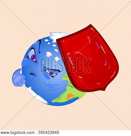Militant Planet Earth Defends With Red Shield, Angry Face And Fist. Vector Protection From World Dis