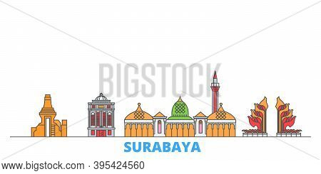 Indonesia, Surabaya Line Cityscape, Flat Vector. Travel City Landmark, Oultine Illustration, Line Wo
