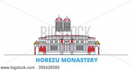 Romania, Horezu Monastery Line Cityscape, Flat Vector. Travel City Landmark, Oultine Illustration, L