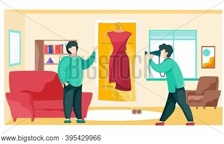 Photographer Takes A Picture Of A Fashion Designer In A Sewing Workshop Interior For Fashion Magazin