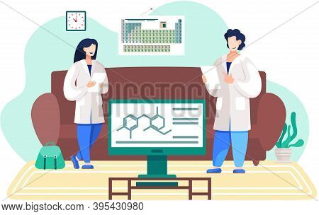 Scientists In Lab Coats. Chemical Experiment At Home. Chemists Are Monitoring Research Progress And 