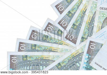 10 Croatian Kuna Bills Lies In Different Order Isolated On White. Local Banking Or Money Making Conc