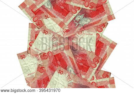 50 Philippine Piso Bills Flying Down Isolated On White. Many Banknotes Falling With White Copyspace 